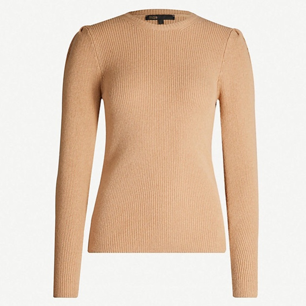 NWT MAJE Mobil relaxed-fit wool-blend puff sleeve sweater tan camel size L (3)